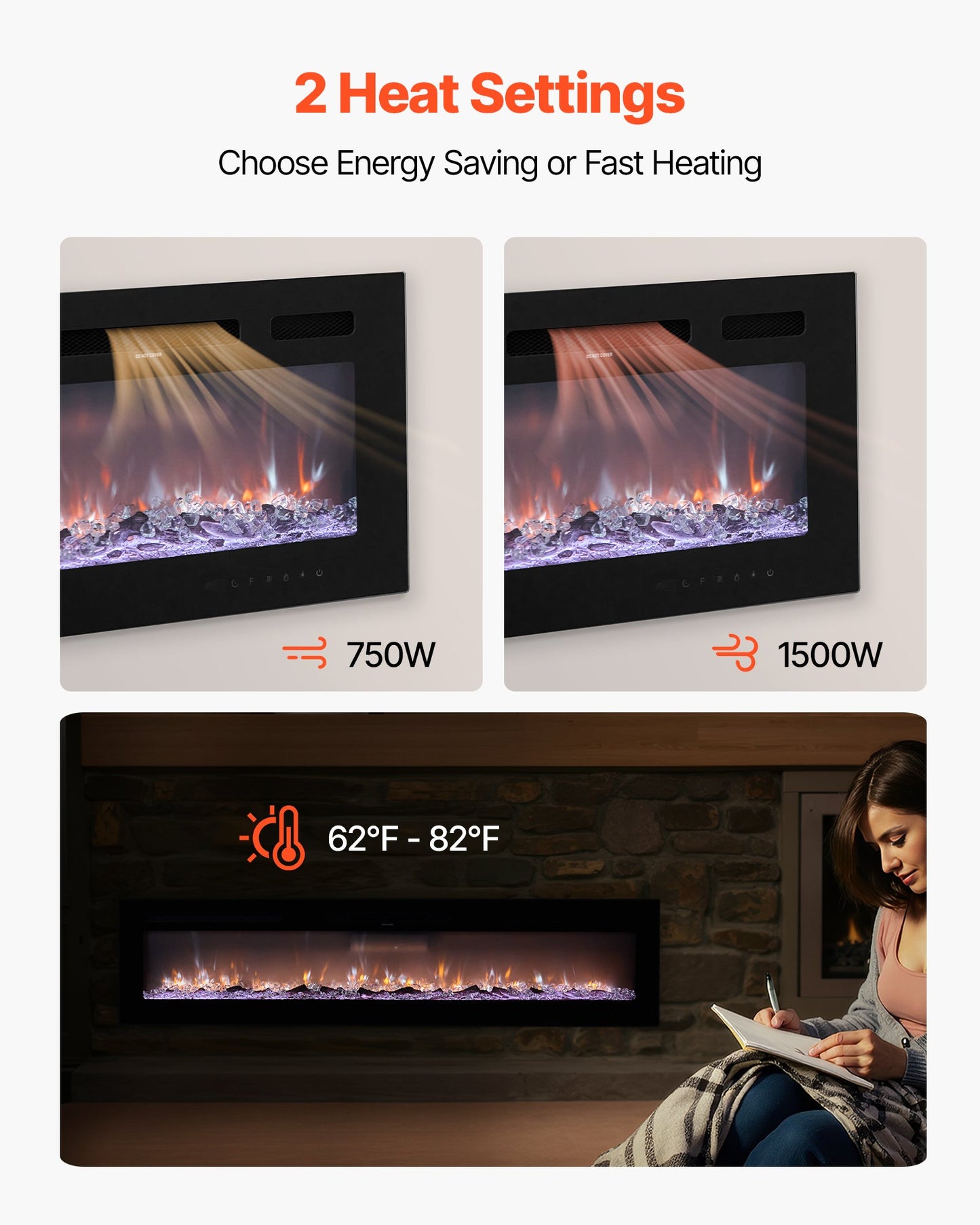 72 inch Electric Fireplace, Wall Mounted Recessed Fire Place with Remote Control, Timer, 1500W, Adjustable Flame Color Brightness, Touch Screen, Overheat Protection, for Living Room,Bedroom