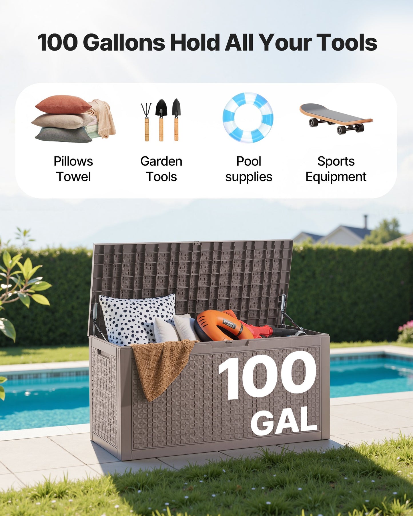 Outdoor Storage Box, 100 Gallon Resin Deck Box, Backyard Outside Toy and Towel Storage Cabinet Waterproof, for Patio Furniture Cushions, Garden Tools, Pool Supplies & Package Delivery (Grey)