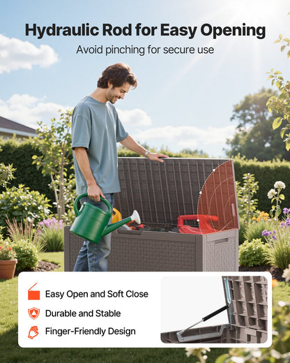 Outdoor Storage Box, 100 Gallon Resin Deck Box, Backyard Outside Toy and Towel Storage Cabinet Waterproof, for Patio Furniture Cushions, Garden Tools, Pool Supplies & Package Delivery (Grey)
