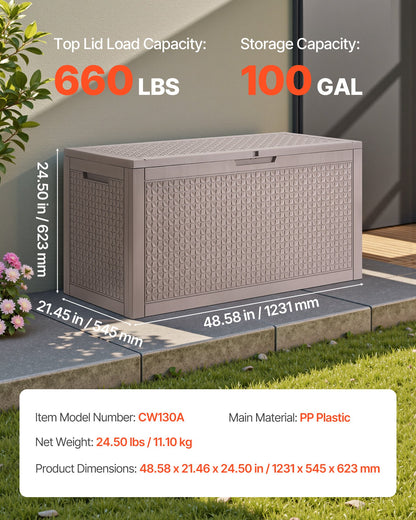 Outdoor Storage Box, 100 Gallon Resin Deck Box, Backyard Outside Toy and Towel Storage Cabinet Waterproof, for Patio Furniture Cushions, Garden Tools, Pool Supplies & Package Delivery (Grey)
