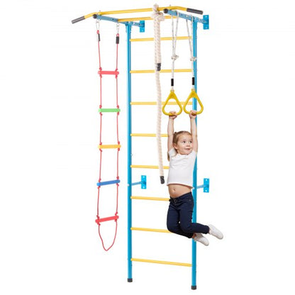 Indoor Jungle Gym for Toddlers, 5-in-1 Climbing Playset with Carbon Steel Swedish Ladder, Wall Ladder, Pull-Up Bar, Rope Ladder, and Gymnastic Rings, Supports 220 lbs, Multicolor