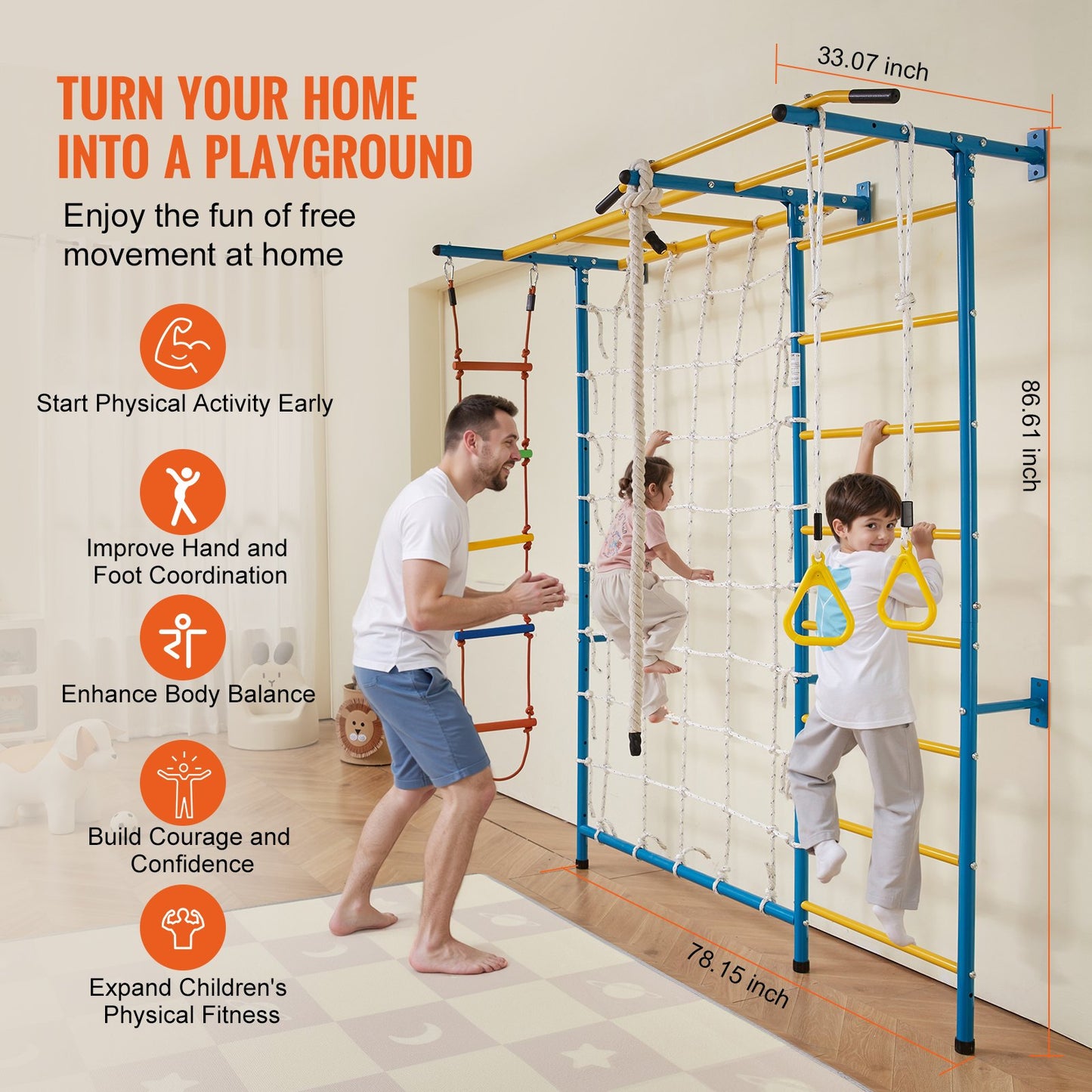 Indoor Jungle Gym for Toddlers, 7-in-1 Climbing Playset with Carbon Steel Swedish Ladder, Wall Ladder, Pull-Up Bar, Rope Ladder, and Gymnastic Rings, Supports 220 lbs, Multicolor