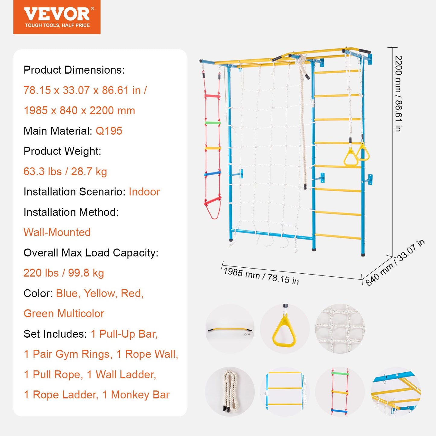 Indoor Jungle Gym for Toddlers, 7-in-1 Climbing Playset with Carbon Steel Swedish Ladder, Wall Ladder, Pull-Up Bar, Rope Ladder, and Gymnastic Rings, Supports 220 lbs, Multicolor
