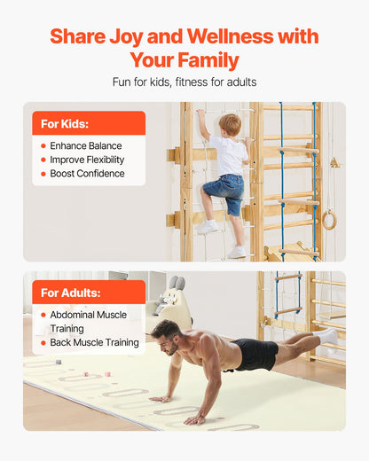 Swedish Ladder Wall Gym, 8-in-1 12-Level Solid Wood Gymnastic Stall Bars for Kids Adults, 220LBS Indoor Jungle Gym Playset with Climbing Board, Gym Rings, Pull-Up Bar, Wall Ladder, Slide, Swing