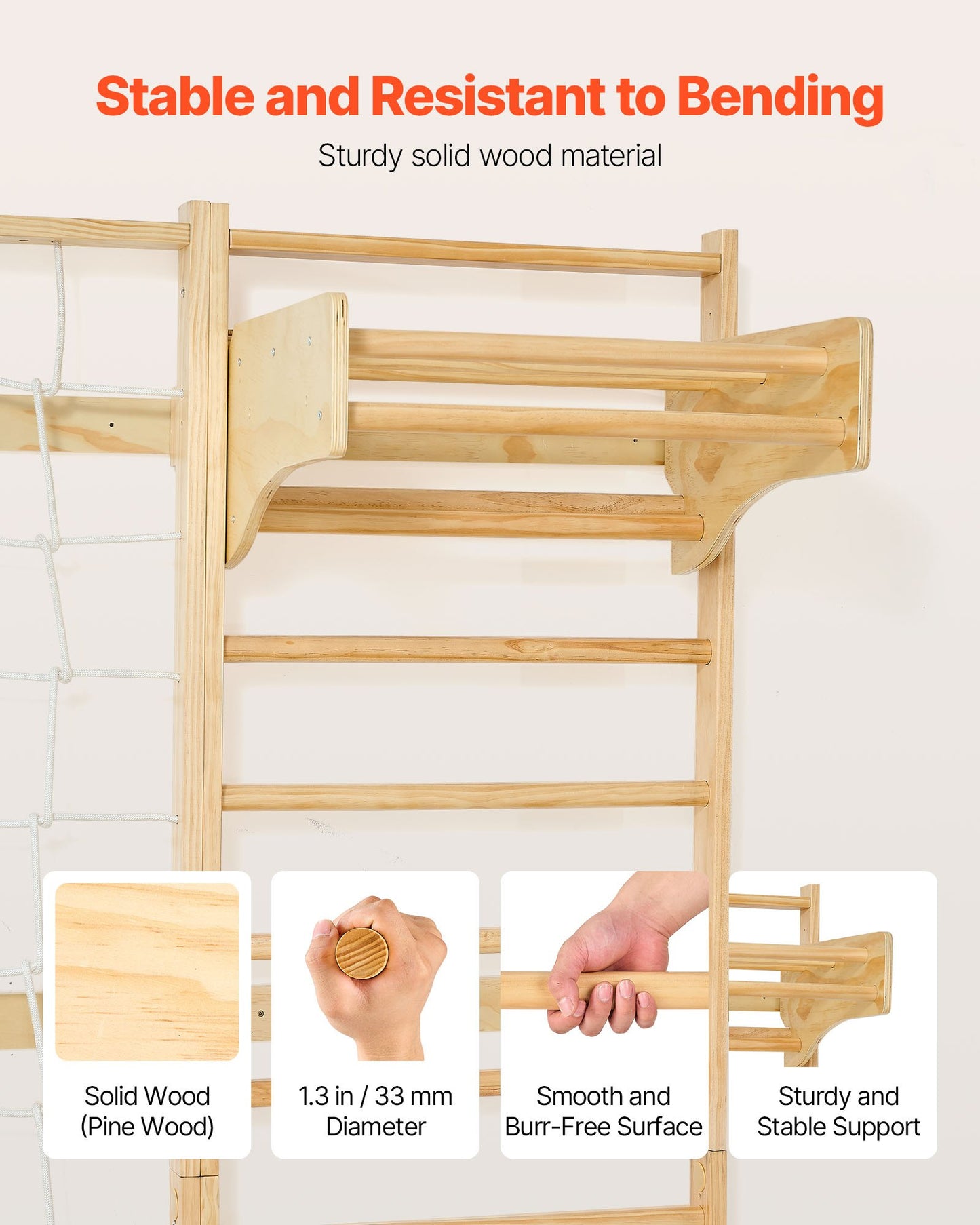 Swedish Ladder Wall Gym, 8-in-1 12-Level Solid Wood Gymnastic Stall Bars for Kids Adults, 220LBS Indoor Jungle Gym Playset with Climbing Board, Gym Rings, Pull-Up Bar, Wall Ladder, Slide, Swing