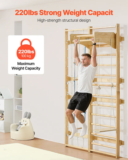 Swedish Ladder Wall Gym, 8-in-1 12-Level Solid Wood Gymnastic Stall Bars for Kids Adults, 220LBS Indoor Jungle Gym Playset with Climbing Board, Gym Rings, Pull-Up Bar, Wall Ladder, Slide, Swing