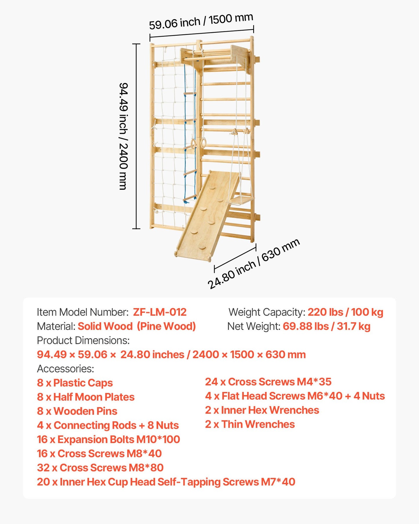 Swedish Ladder Wall Gym, 8-in-1 12-Level Solid Wood Gymnastic Stall Bars for Kids Adults, 220LBS Indoor Jungle Gym Playset with Climbing Board, Gym Rings, Pull-Up Bar, Wall Ladder, Slide, Swing