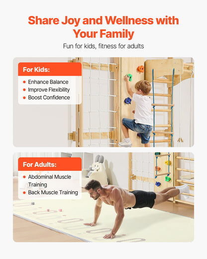 Swedish Ladder Wall Gym, 9-in-1 12-Level Solid Wood Gymnastic Stall Bars for Kids Adults, 220LBS Indoor Jungle Gym with Rock Climbing Wall, Gym Rings, Pull-Up Bar, Climbing Board, Slide, Swing