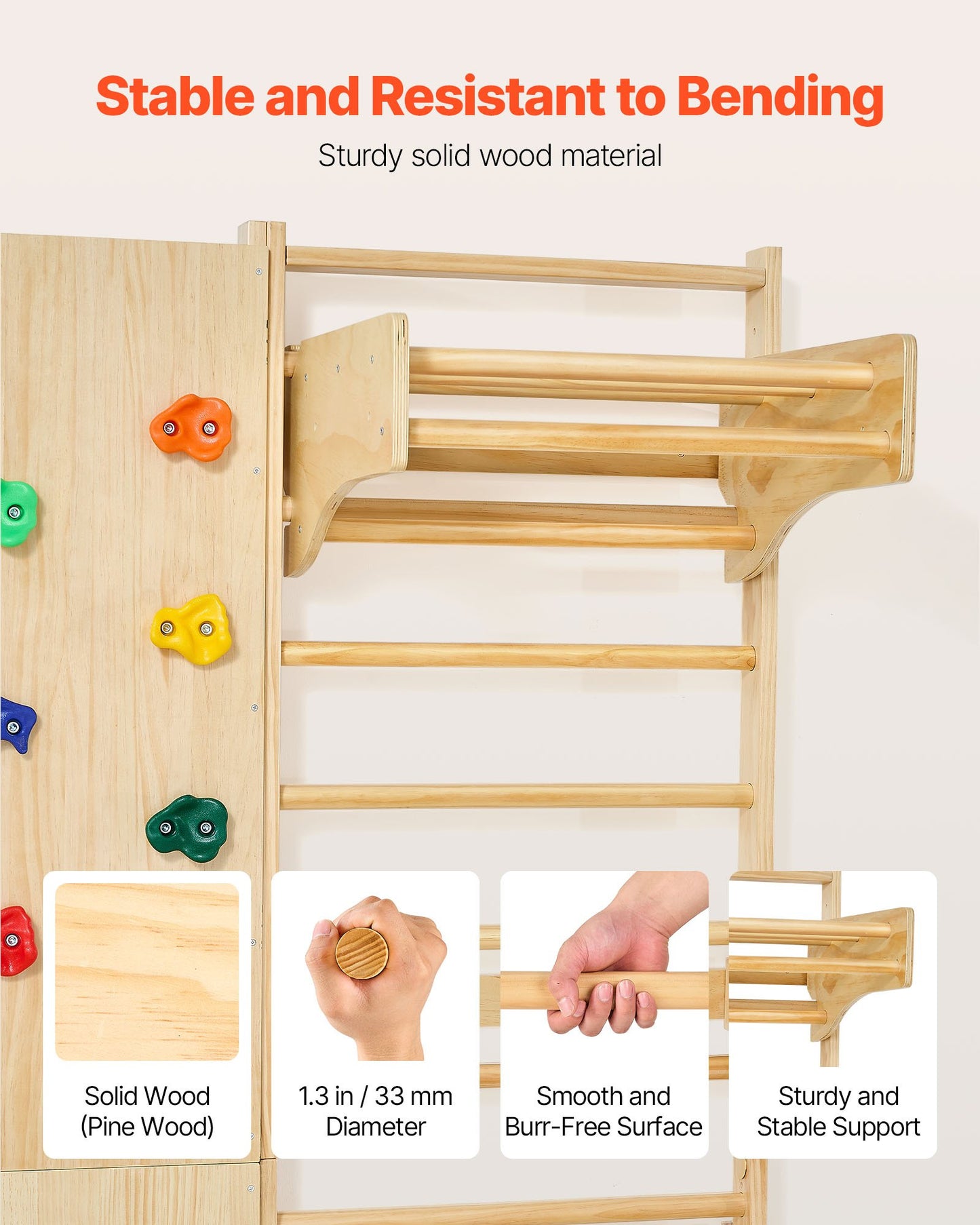 Swedish Ladder Wall Gym, 9-in-1 12-Level Solid Wood Gymnastic Stall Bars for Kids Adults, 220LBS Indoor Jungle Gym with Rock Climbing Wall, Gym Rings, Pull-Up Bar, Climbing Board, Slide, Swing