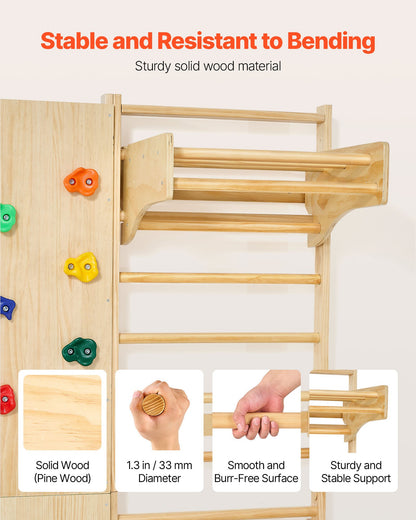 Swedish Ladder Wall Gym, 9-in-1 12-Level Solid Wood Gymnastic Stall Bars for Kids Adults, 220LBS Indoor Jungle Gym with Rock Climbing Wall, Gym Rings, Pull-Up Bar, Climbing Board, Slide, Swing