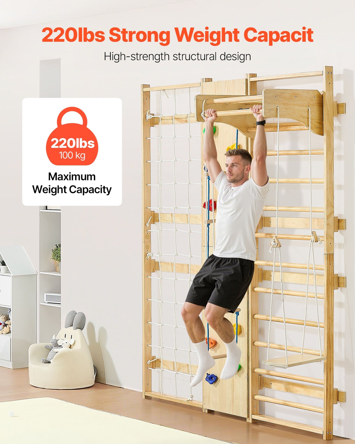 Swedish Ladder Wall Gym, 9-in-1 12-Level Solid Wood Gymnastic Stall Bars for Kids Adults, 220LBS Indoor Jungle Gym with Rock Climbing Wall, Gym Rings, Pull-Up Bar, Climbing Board, Slide, Swing