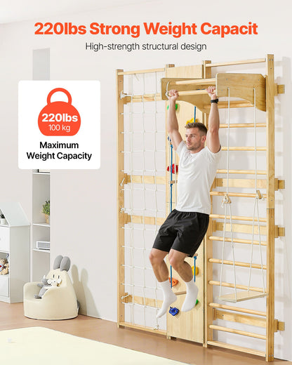 Swedish Ladder Wall Gym, 9-in-1 12-Level Solid Wood Gymnastic Stall Bars for Kids Adults, 220LBS Indoor Jungle Gym with Rock Climbing Wall, Gym Rings, Pull-Up Bar, Climbing Board, Slide, Swing
