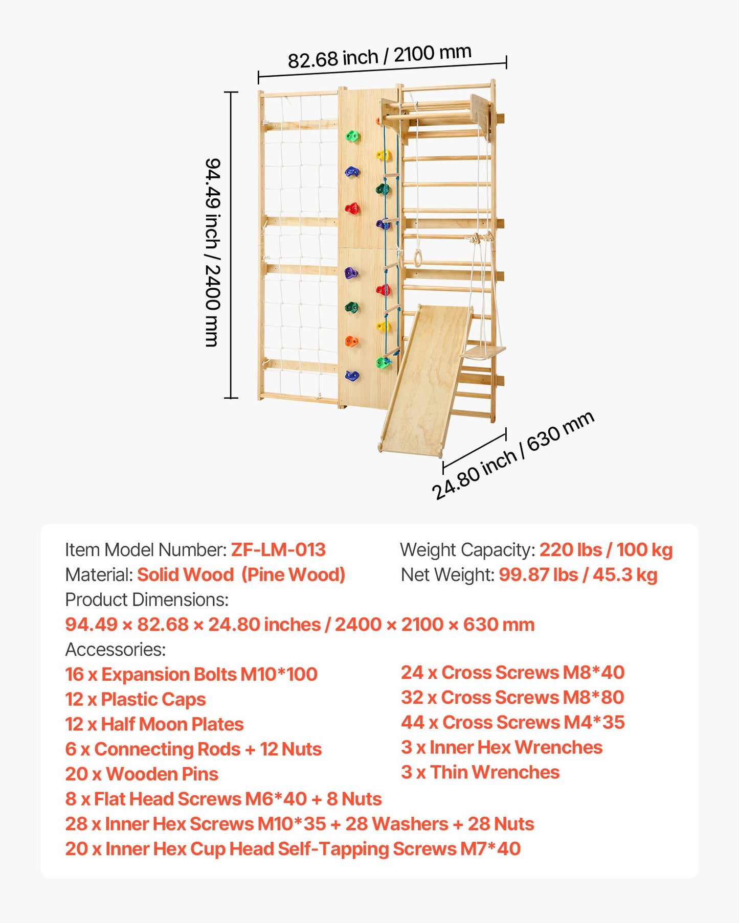 Swedish Ladder Wall Gym, 9-in-1 12-Level Solid Wood Gymnastic Stall Bars for Kids Adults, 220LBS Indoor Jungle Gym with Rock Climbing Wall, Gym Rings, Pull-Up Bar, Climbing Board, Slide, Swing