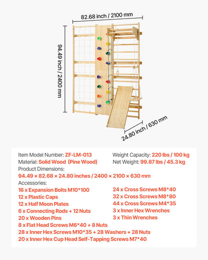 Swedish Ladder Wall Gym, 9-in-1 12-Level Solid Wood Gymnastic Stall Bars for Kids Adults, 220LBS Indoor Jungle Gym with Rock Climbing Wall, Gym Rings, Pull-Up Bar, Climbing Board, Slide, Swing
