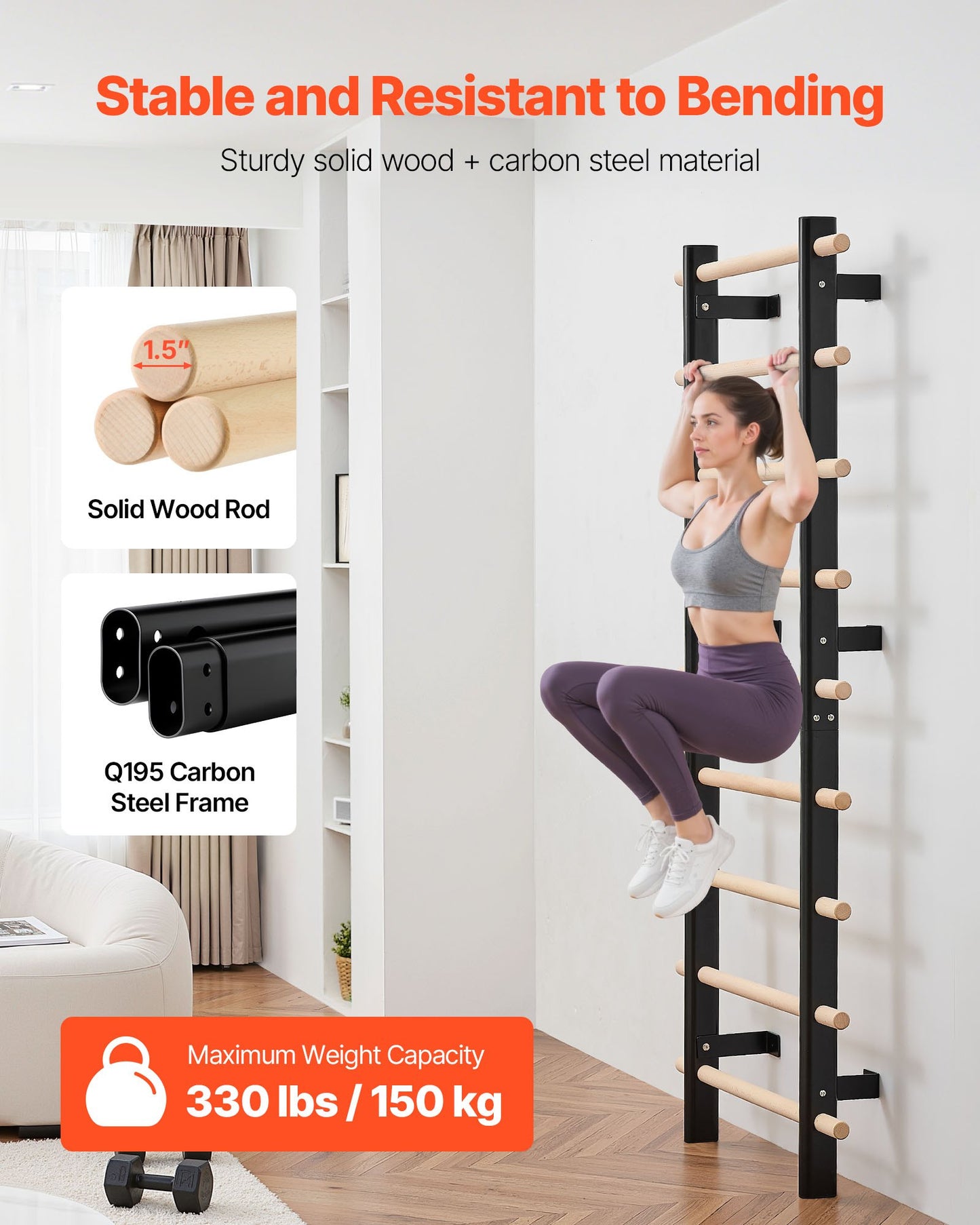 Swedish Ladder Wall Gym, 9-Level Swedish Ladder Suspension Trainer, 330LBS Loading Solid Wood + Carbon Steel Gymnastics Stall Bars for Adult, Compatible with 3.15" x 3.15" Power Rack Accessories