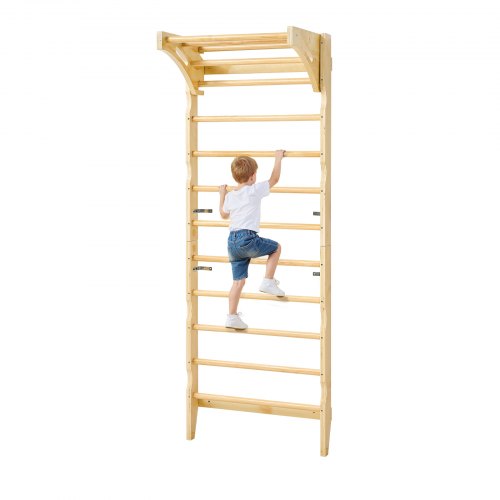 Swedish Ladder Wall Gym, 2-in-1 10-Level Indoor Jungle Gym, 220LBS Loading Solid Wood Gymnastic Stall Bars for Kids & Adults, Indoor Playground Climbing Playset with Pull-Up Bar, Wall Ladder