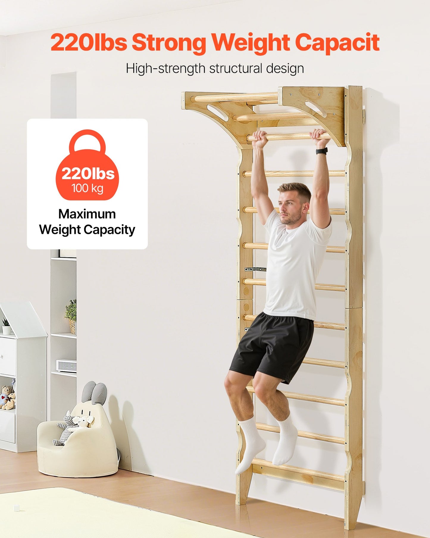 Swedish Ladder Wall Gym, 2-in-1 10-Level Indoor Jungle Gym, 220LBS Loading Solid Wood Gymnastic Stall Bars for Kids & Adults, Indoor Playground Climbing Playset with Pull-Up Bar, Wall Ladder