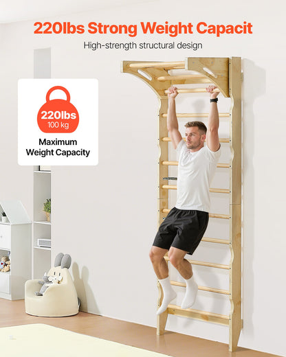 Swedish Ladder Wall Gym, 2-in-1 10-Level Indoor Jungle Gym, 220LBS Loading Solid Wood Gymnastic Stall Bars for Kids & Adults, Indoor Playground Climbing Playset with Pull-Up Bar, Wall Ladder