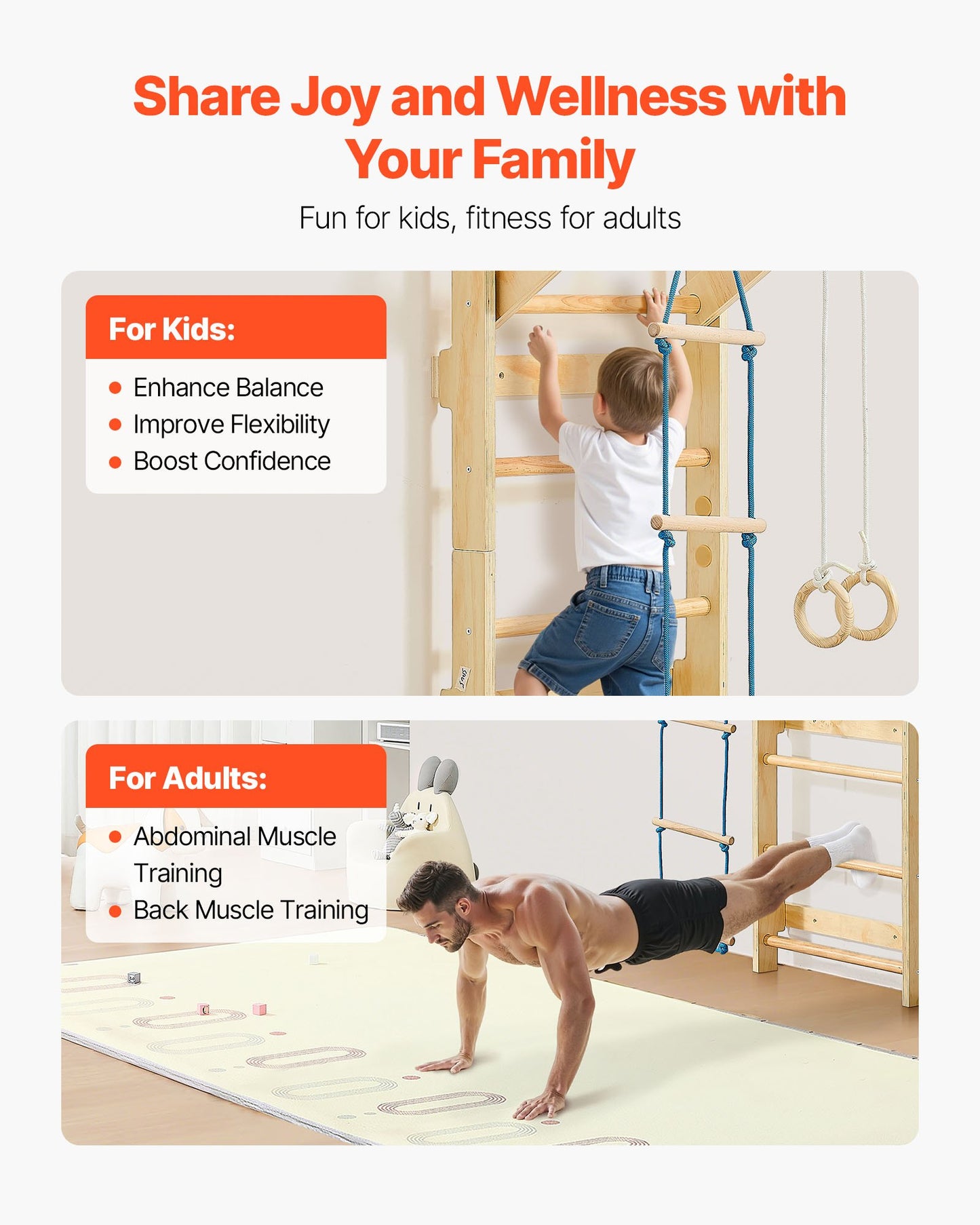 Swedish Ladder Wall Gym, 4-in-1 8-Level Indoor Jungle Gym, 220LBS Loading Solid Wood Gymnastic Stall Bars, Indoor Playground Climbing Playset with Gym Rings, Pull-Up Bar, Rope Ladder, Wall Ladder