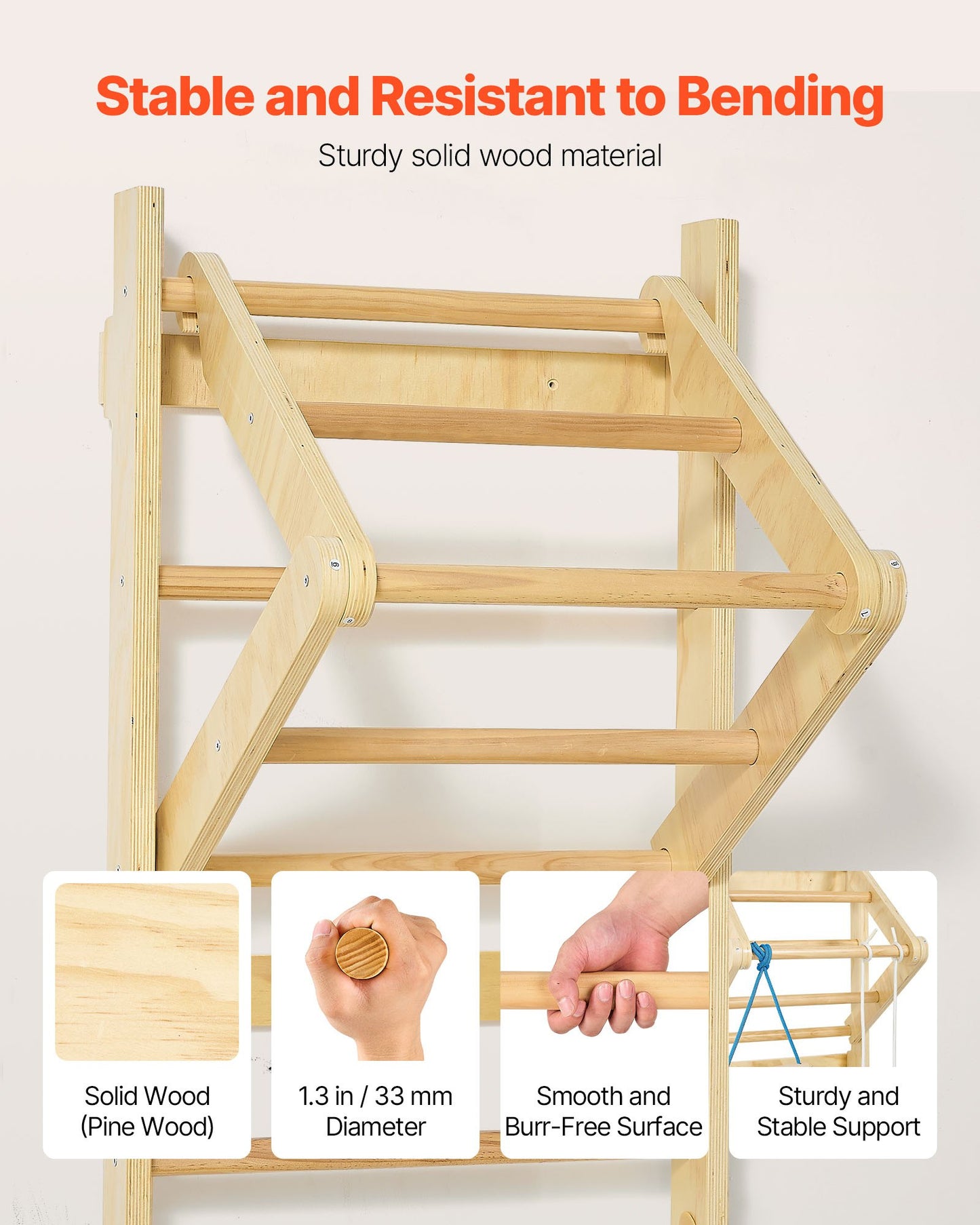 Swedish Ladder Wall Gym, 4-in-1 8-Level Indoor Jungle Gym, 220LBS Loading Solid Wood Gymnastic Stall Bars, Indoor Playground Climbing Playset with Gym Rings, Pull-Up Bar, Rope Ladder, Wall Ladder