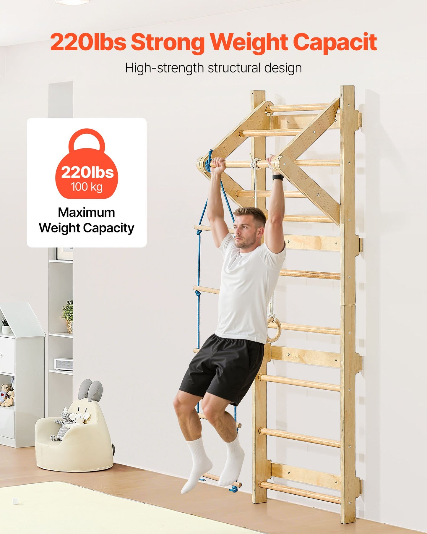 Swedish Ladder Wall Gym, 4-in-1 8-Level Indoor Jungle Gym, 220LBS Loading Solid Wood Gymnastic Stall Bars, Indoor Playground Climbing Playset with Gym Rings, Pull-Up Bar, Rope Ladder, Wall Ladder