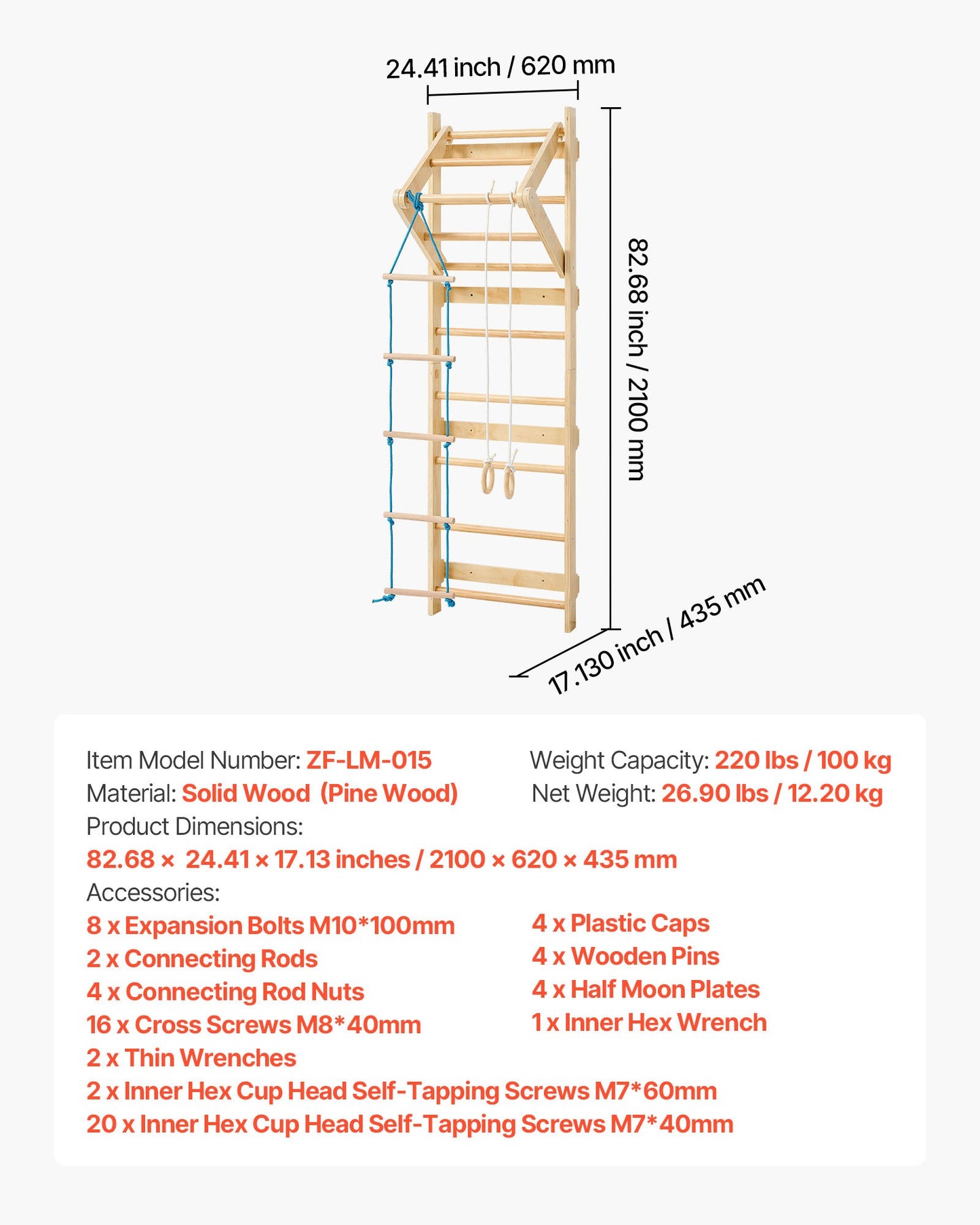 Swedish Ladder Wall Gym, 4-in-1 8-Level Indoor Jungle Gym, 220LBS Loading Solid Wood Gymnastic Stall Bars, Indoor Playground Climbing Playset with Gym Rings, Pull-Up Bar, Rope Ladder, Wall Ladder