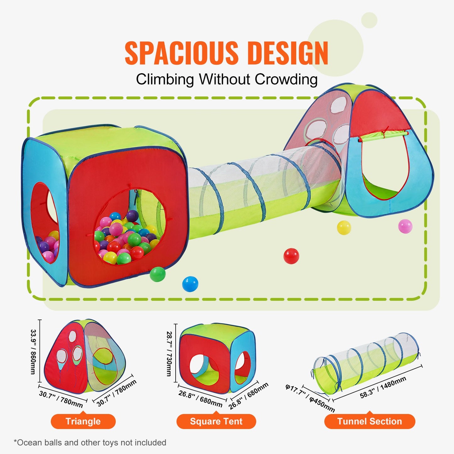 3-in-1-Spielzelt für Kinder mit Tunnel für Jungen, Mädchen, Babys und Kleinkinder, Pop-Up-Spielhaus für drinnen und draußen, mit Tragetasche und Band als Geburtstagsgeschenk, Rot/Gelb/Blau, Mehrfarbig