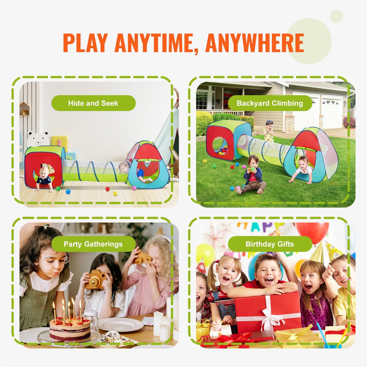 3-in-1-Spielzelt für Kinder mit Tunnel für Jungen, Mädchen, Babys und Kleinkinder, Pop-Up-Spielhaus für drinnen und draußen, mit Tragetasche und Band als Geburtstagsgeschenk, Rot/Gelb/Blau, Mehrfarbig