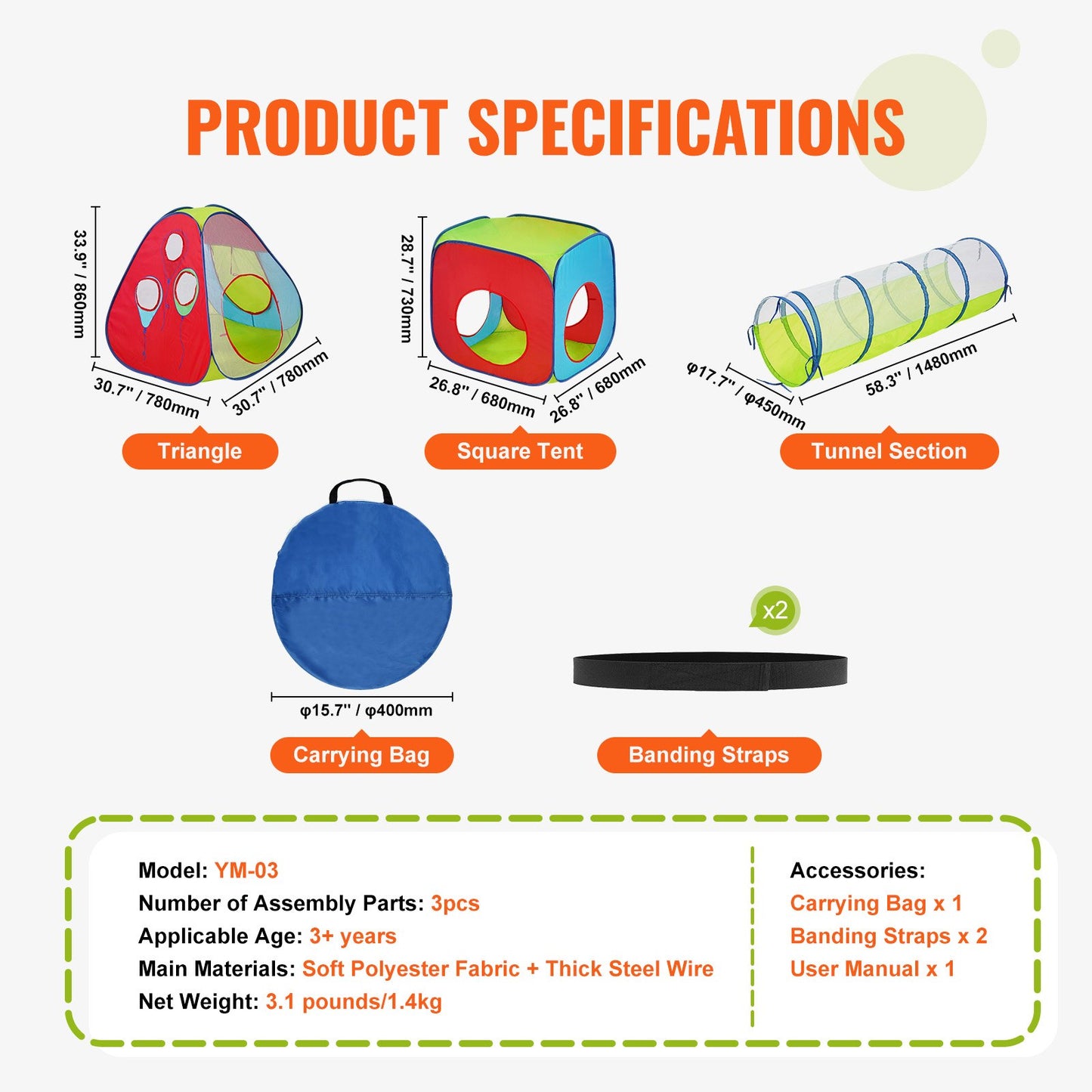 3-in-1-Spielzelt für Kinder mit Tunnel für Jungen, Mädchen, Babys und Kleinkinder, Pop-Up-Spielhaus für drinnen und draußen, mit Tragetasche und Band als Geburtstagsgeschenk, Rot/Gelb/Blau, Mehrfarbig