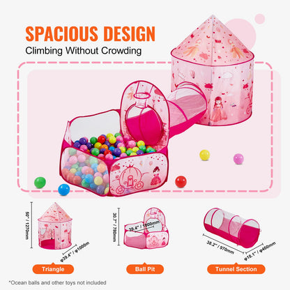 3 in 1 Kids Play Tent with Tunnel for Girls, Princes, Boys, Babies and Toddlers, Indoor/Outdoor Pop Up Playhouse with Carrying Bag & Banding Straps as Birthday Gifts, Magenta Color
