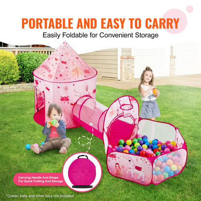 3 in 1 Kids Play Tent with Tunnel for Girls, Princes, Boys, Babies and Toddlers, Indoor/Outdoor Pop Up Playhouse with Carrying Bag & Banding Straps as Birthday Gifts, Magenta Color