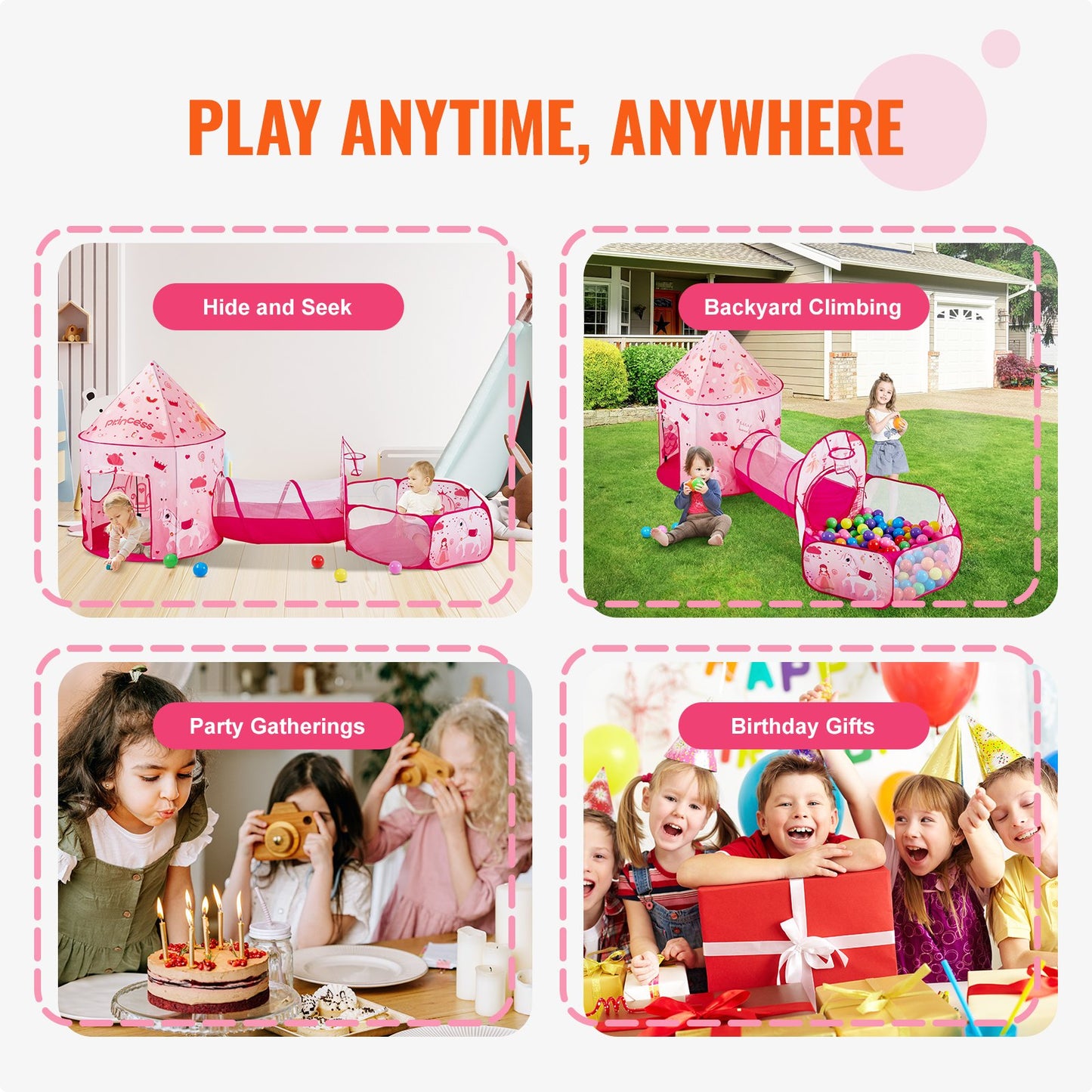 3-in-1-Spielzelt für Kinder mit Tunnel für Mädchen, Prinzen, Jungen, Babys und Kleinkinder, Pop-Up-Spielhaus für drinnen und draußen, mit Tragetasche und Band als Geburtstagsgeschenk, Magenta