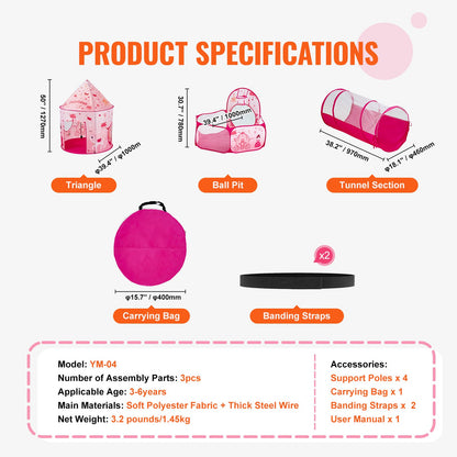 3-in-1-Spielzelt für Kinder mit Tunnel für Mädchen, Prinzen, Jungen, Babys und Kleinkinder, Pop-Up-Spielhaus für drinnen und draußen, mit Tragetasche und Band als Geburtstagsgeschenk, Magenta