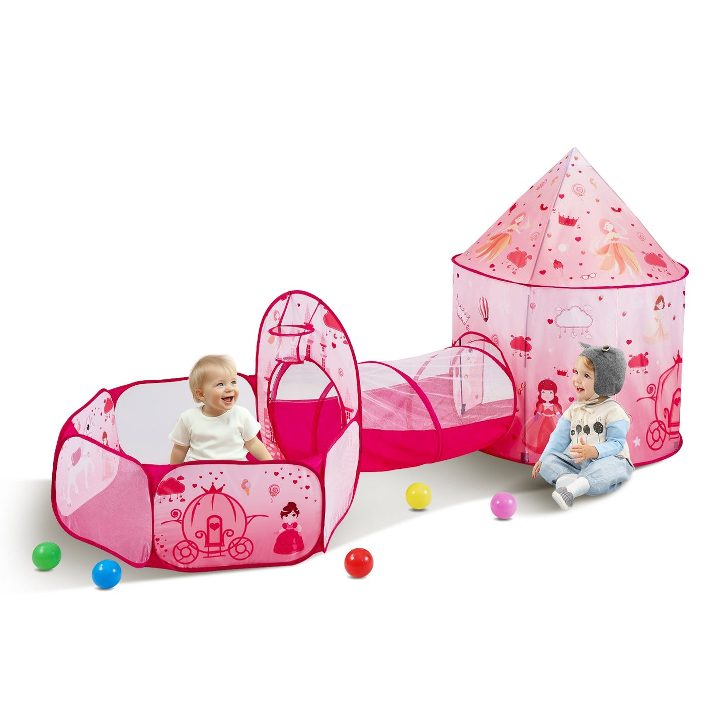 3-in-1-Spielzelt für Kinder mit Tunnel für Mädchen, Prinzen, Jungen, Babys und Kleinkinder, Pop-Up-Spielhaus für drinnen und draußen, mit Tragetasche und Band als Geburtstagsgeschenk, Magenta