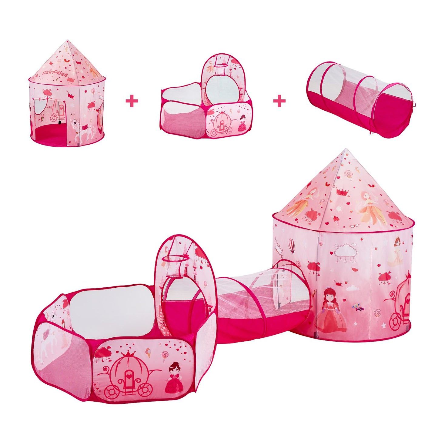 3-in-1-Spielzelt für Kinder mit Tunnel für Mädchen, Prinzen, Jungen, Babys und Kleinkinder, Pop-Up-Spielhaus für drinnen und draußen, mit Tragetasche und Band als Geburtstagsgeschenk, Magenta