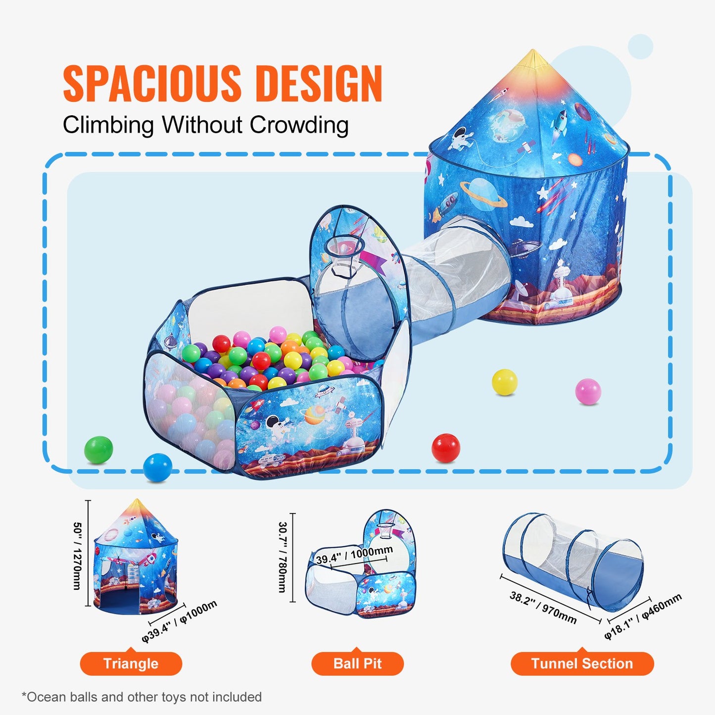 3-in-1-Spielzelt für Kinder mit Tunnel für Jungen, Mädchen, Säuglinge und Kleinkinder, Pop-Up-Spielhaus für drinnen und draußen mit Tragetasche und Gurten, Geburtstagsgeschenke, königsblaues Raketenthema