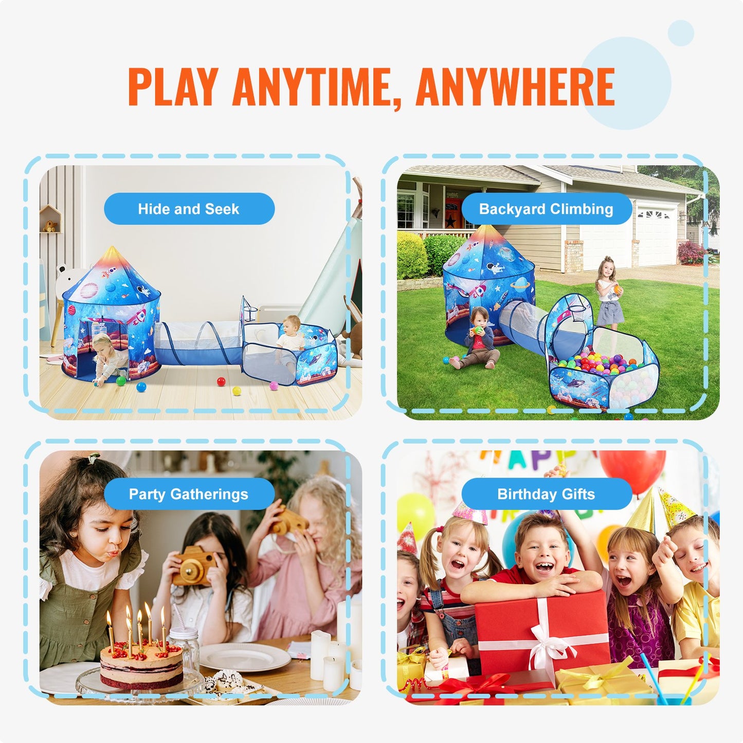 3-in-1-Spielzelt für Kinder mit Tunnel für Jungen, Mädchen, Säuglinge und Kleinkinder, Pop-Up-Spielhaus für drinnen und draußen mit Tragetasche und Gurten, Geburtstagsgeschenke, königsblaues Raketenthema