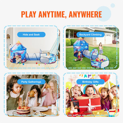 3-in-1-Spielzelt für Kinder mit Tunnel für Jungen, Mädchen, Säuglinge und Kleinkinder, Pop-Up-Spielhaus für drinnen und draußen mit Tragetasche und Gurten, Geburtstagsgeschenke, königsblaues Raketenthema