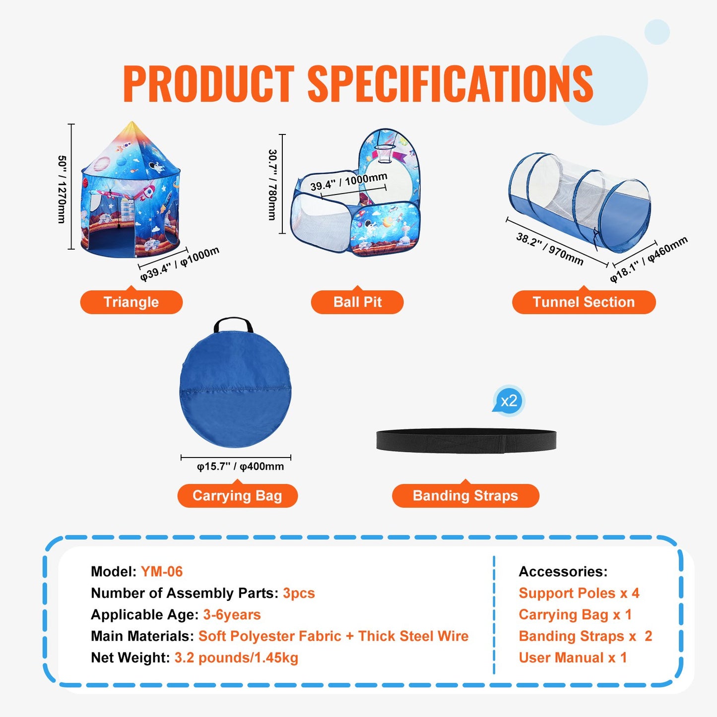 3-in-1-Spielzelt für Kinder mit Tunnel für Jungen, Mädchen, Säuglinge und Kleinkinder, Pop-Up-Spielhaus für drinnen und draußen mit Tragetasche und Gurten, Geburtstagsgeschenke, königsblaues Raketenthema