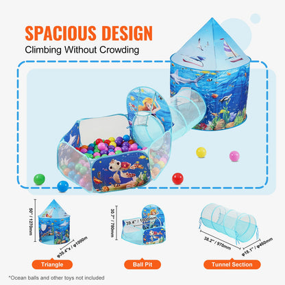 3-in-1-Spielzelt für Kinder mit Tunnel, Basketballkorb für Jungen, Mädchen, Babys und Kleinkinder, Pop-Up-Spielhaus für drinnen und draußen mit Tragetasche und Gurten, Geburtstagsgeschenke, Blue Ocean
