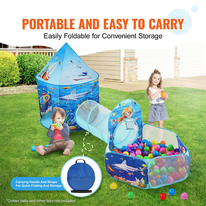 3 in 1 Kids Play Tent with Tunnel, Basketball Hoop for Boys, Girls, Babies and Toddlers, Indoor/Outdoor Pop Up Playhouse with Carrying Bag & Banding Straps Birthday Gifts, Blue Ocean