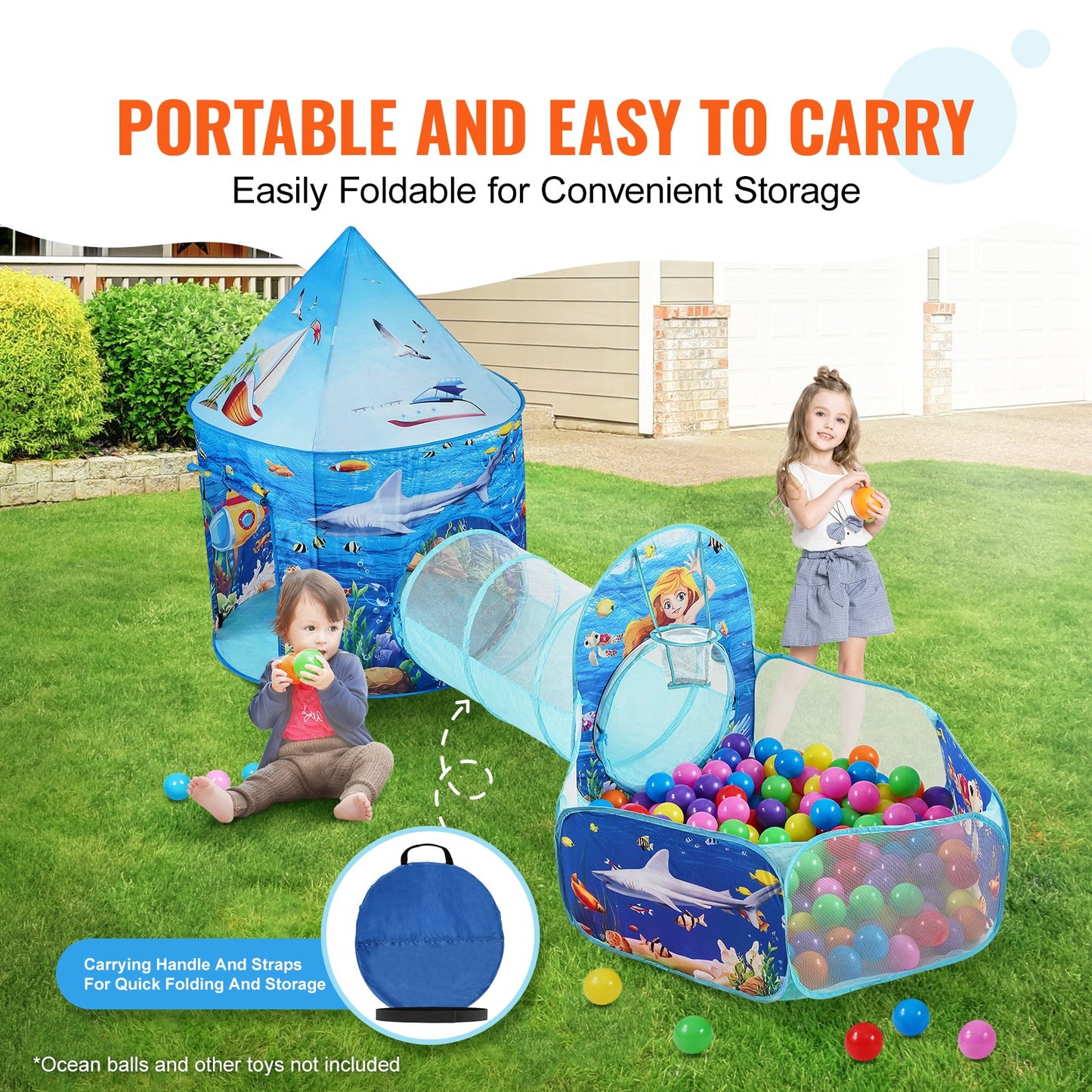 3-in-1-Spielzelt für Kinder mit Tunnel, Basketballkorb für Jungen, Mädchen, Babys und Kleinkinder, Pop-Up-Spielhaus für drinnen und draußen mit Tragetasche und Gurten, Geburtstagsgeschenke, Blue Ocean