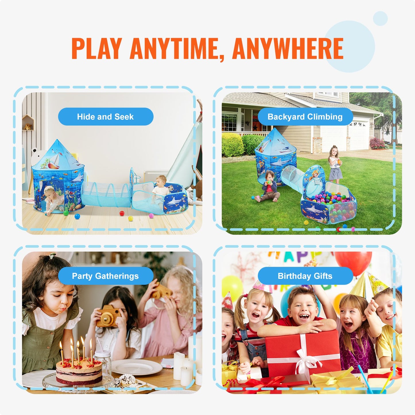 3-in-1-Spielzelt für Kinder mit Tunnel, Basketballkorb für Jungen, Mädchen, Babys und Kleinkinder, Pop-Up-Spielhaus für drinnen und draußen mit Tragetasche und Gurten, Geburtstagsgeschenke, Blue Ocean