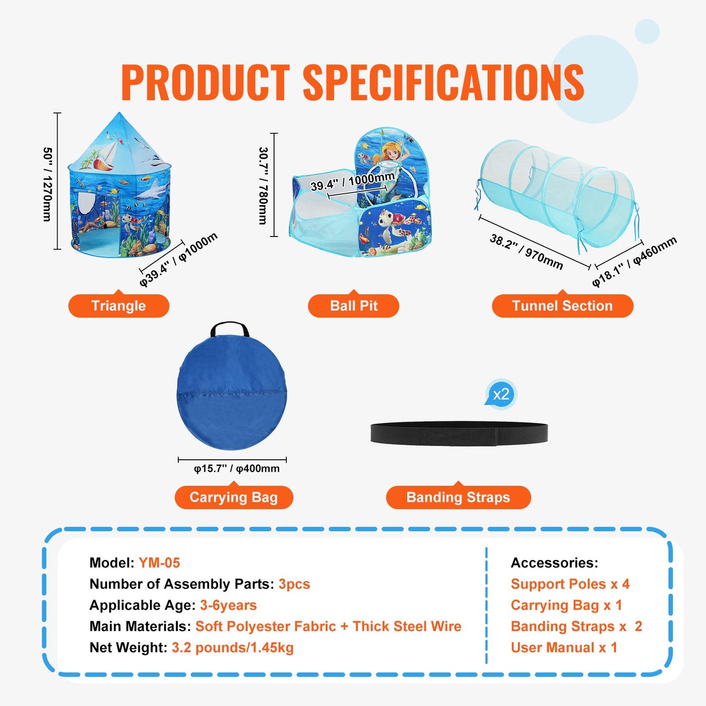 3-in-1-Spielzelt für Kinder mit Tunnel, Basketballkorb für Jungen, Mädchen, Babys und Kleinkinder, Pop-Up-Spielhaus für drinnen und draußen mit Tragetasche und Gurten, Geburtstagsgeschenke, Blue Ocean