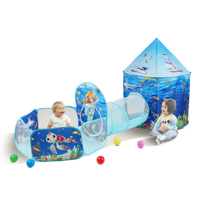 3-in-1-Spielzelt für Kinder mit Tunnel, Basketballkorb für Jungen, Mädchen, Babys und Kleinkinder, Pop-Up-Spielhaus für drinnen und draußen mit Tragetasche und Gurten, Geburtstagsgeschenke, Blue Ocean
