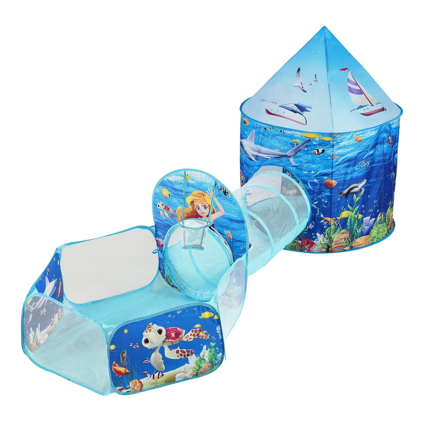 3-in-1-Spielzelt für Kinder mit Tunnel, Basketballkorb für Jungen, Mädchen, Babys und Kleinkinder, Pop-Up-Spielhaus für drinnen und draußen mit Tragetasche und Gurten, Geburtstagsgeschenke, Blue Ocean