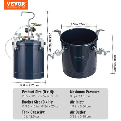 Spray Paint Pressure Pot Tank, 10L/2.5gal Air Paint Pressure Pot, 1.5mm+4mm Two Nozzles Two Spray Paint Guns, 60PSI Max, for Industry Home Decor Architecture Construction Automotive Painting