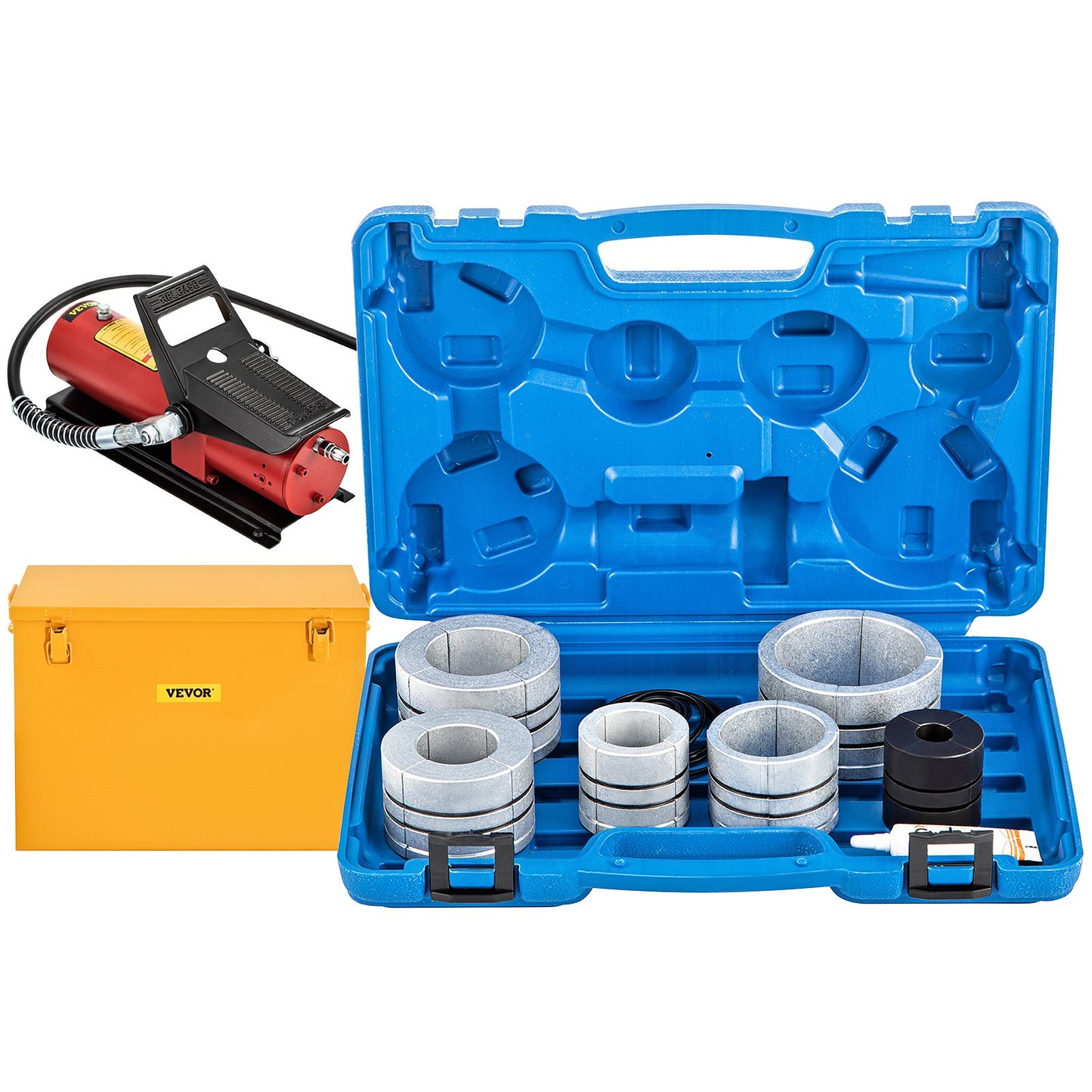 Hydraulischer Auspuffrohr-Aufweiter, 1-5/8" bis 4-1/4" Größe, 10 T Pedalpumpe inklusive 4 Stempeln, 2 Aufbewahrungstaschen für Kupfer-Aluminium-Rohre bei der Autoreparatur