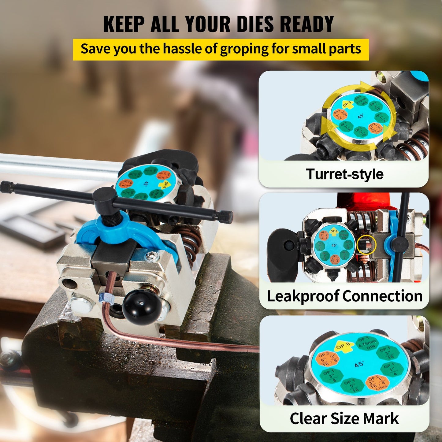 Bromsledningsutvidgningsverktyg, 45 graders enkel-, dubbel- och bubbelfasar för 3/16\", 1/4\", 5/16\" och 3/8\" rörstorlek, lämplig för mjuk metall av kopparledningar