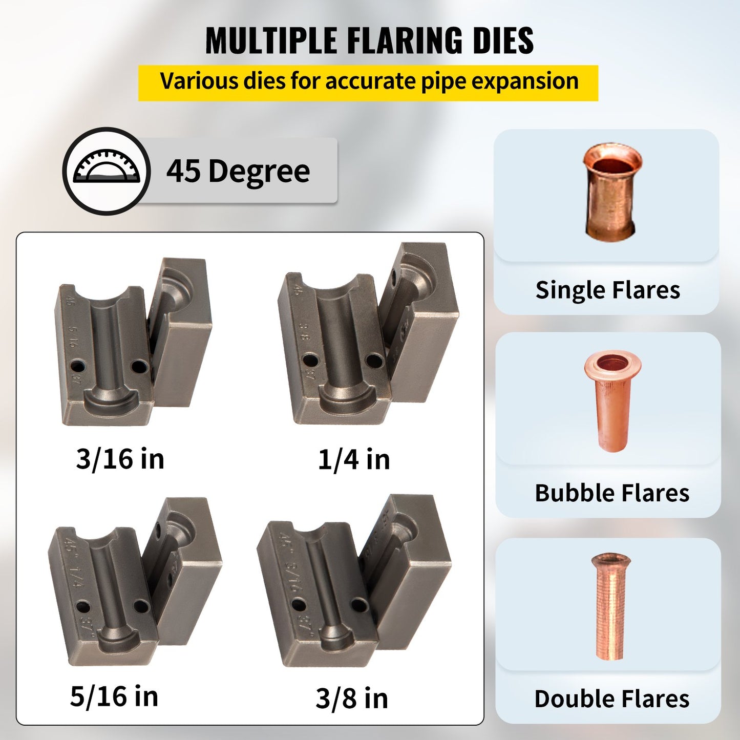 Brake Line Flaring Tool, 45 Degree Single, Double, and Bubble Flares for 3/16\", 1/4\", 5/16\" and 3/8\" Tube Size, Suitable for Soft Metal of Copper Lines